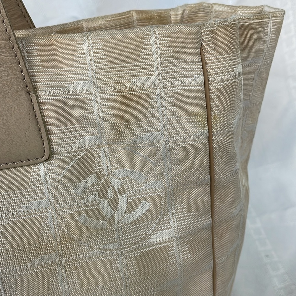 Chanel Travel Line CC Tote Bag Canvas Windowpane Shopper Beige Cream - Picture 9 of 17